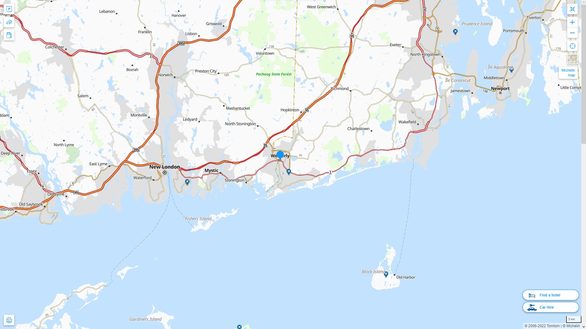 Westerly Rhode Island Highway and Road Map